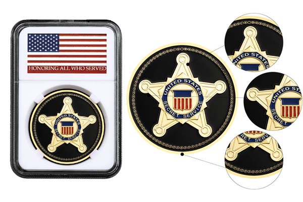 United States Secret Service challenge coin with star design, displayed in a protective case with an American flag and 