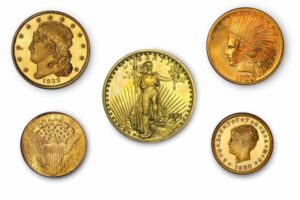 Rare U.S. gold coins from different eras, featuring unique designs.