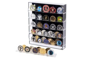 Display of acrylic coin holders showcasing various challenge coins