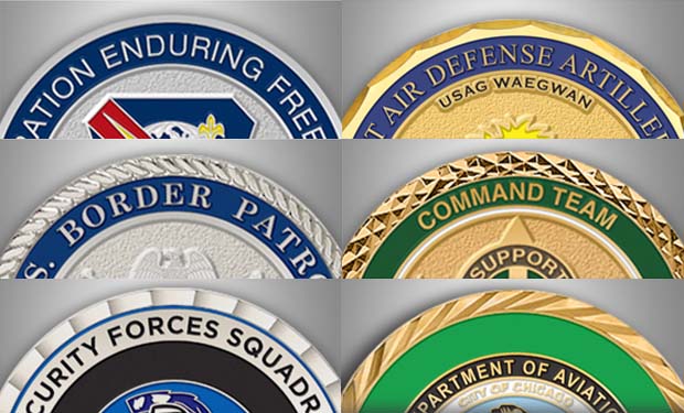 Six classic challenge coin edge designs, showcasing varied textures and details