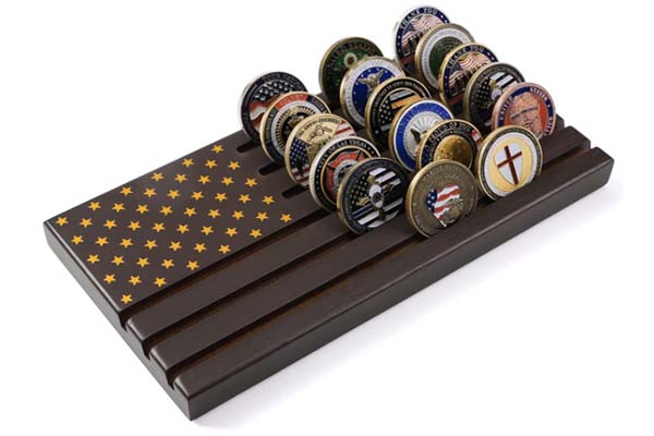 Wooden challenge coin holder shaped like an American flag