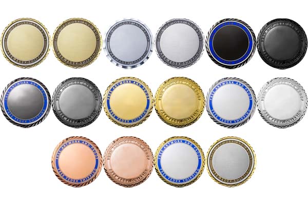 Various coin finishes in different electroplated colors