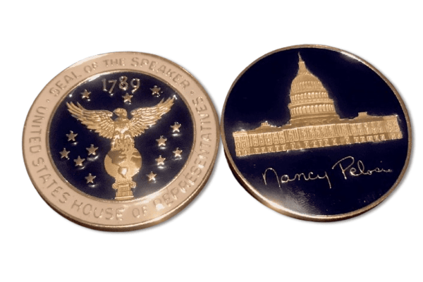 Seal of the Speaker coin with Capitol building and Nancy Pelosi signature