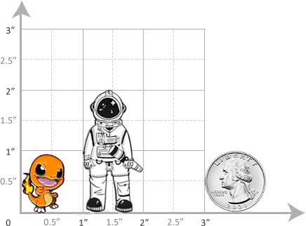 Size chart with cartoon, astronaut, and quarter comparison