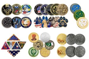 Various types of custom-designed challenge coins displayed