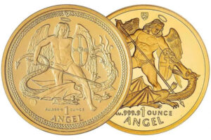 Gold Angel coin featuring a winged figure slaying a dragon.