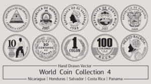 Hand-drawn vector illustration of world coin collection from Nicaragua, Honduras, El Salvador, Costa Rica, and Panama.