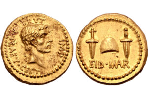 Ancient Roman gold coin featuring Brutus and "EID MAR" design