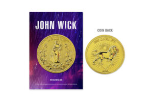 John Wick replica gold coin with intricate design and lion emblem.