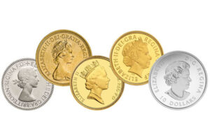 Gold and silver coins featuring different portraits of Queen Elizabeth II