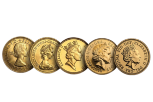 Five gold coins featuring different portraits of Queen Elizabeth II.