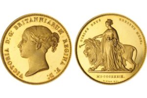 Gold coin featuring Queen Victoria and Britannia with a lion