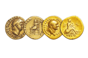 Ancient Roman gold coins featuring emperors and mythological figures.