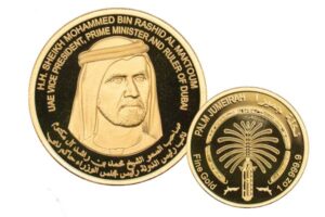 Dubai gold coins featuring Sheikh Mohammed bin Rashid Al Maktoum and Palm Jumeirah