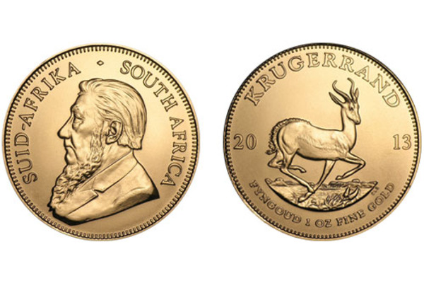 South African Krugerrand gold coins with detailed engravings