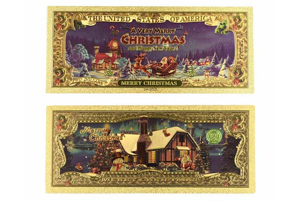 24k Gold 2 dólar Bill Navidad